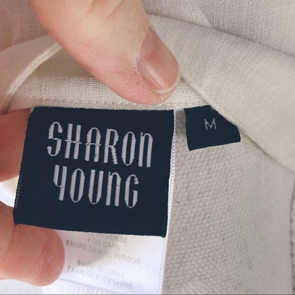 SHARON YOUNG - JEWELED - V NECKLINE - 3/4 SLEEVES LINEN BOHO BEADED BLOUSE B14 - Picture 8 of 10